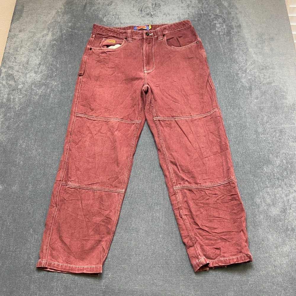Empyre Jeans Mens 32x27 Maroon Denim Straight Leg Double Knee Mid Rise Zip Fly